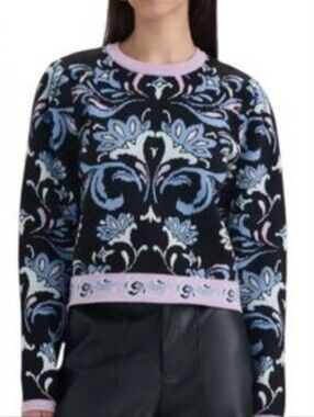 NVLT Black Sweater with Blue and Lilac Floral Jacquard